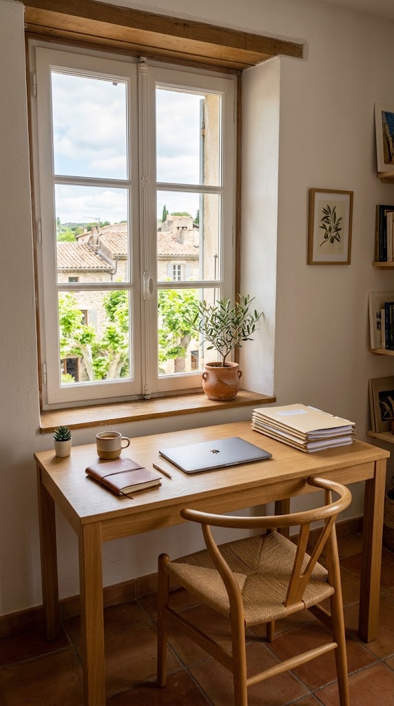Un bureau rangé face à une fenêtre ouverte sur les toits d'un village de Provence