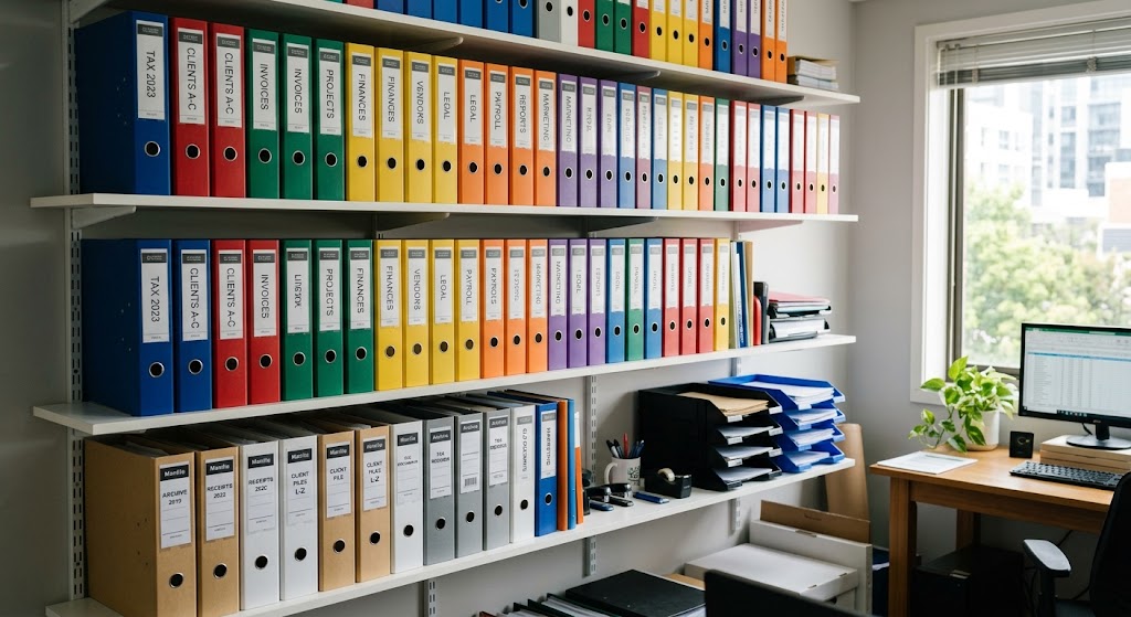 Classeurs étiquetés et documents triés
