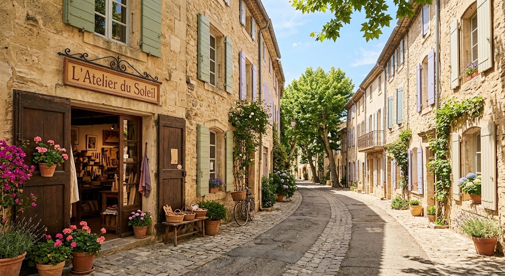 Rue pavée d'un village de Provence, volets pastel et atelier ouvert