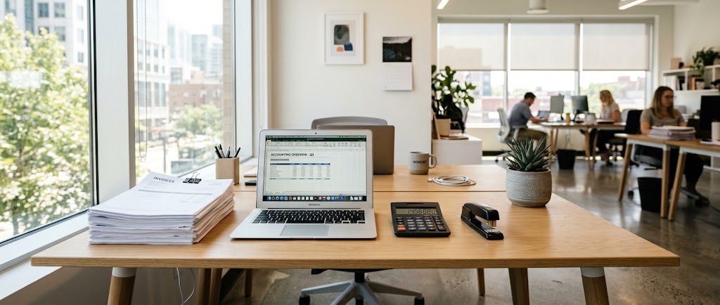 Un bureau avec des factures, une calculatrice et un ordinateur portable